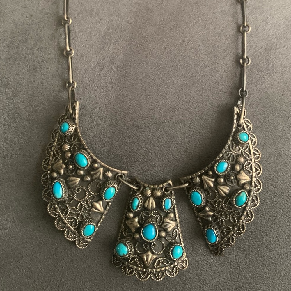 Vintage Egyptian Silver Statement Necklace w/ Turquoise Stones Hook Closure Rare